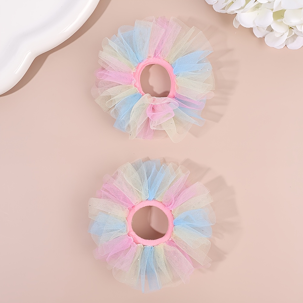 TEMU 2pcs Sweet Colorful Tulle Scrunchies For Rhinestones Mesh Hair Ties Handmade High-elasticity Hair Bands Dopamine Hair Elastics Stylish Hair