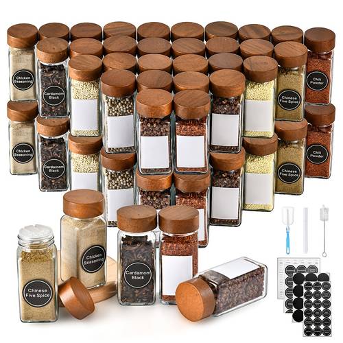 6/12/24/36 stuks acacia houten kruidenstrooierset, dikke glazen peperpotjes voor keuken, buiten, , picknick bbq - 4oz specerijflessen met - en pepercontainers