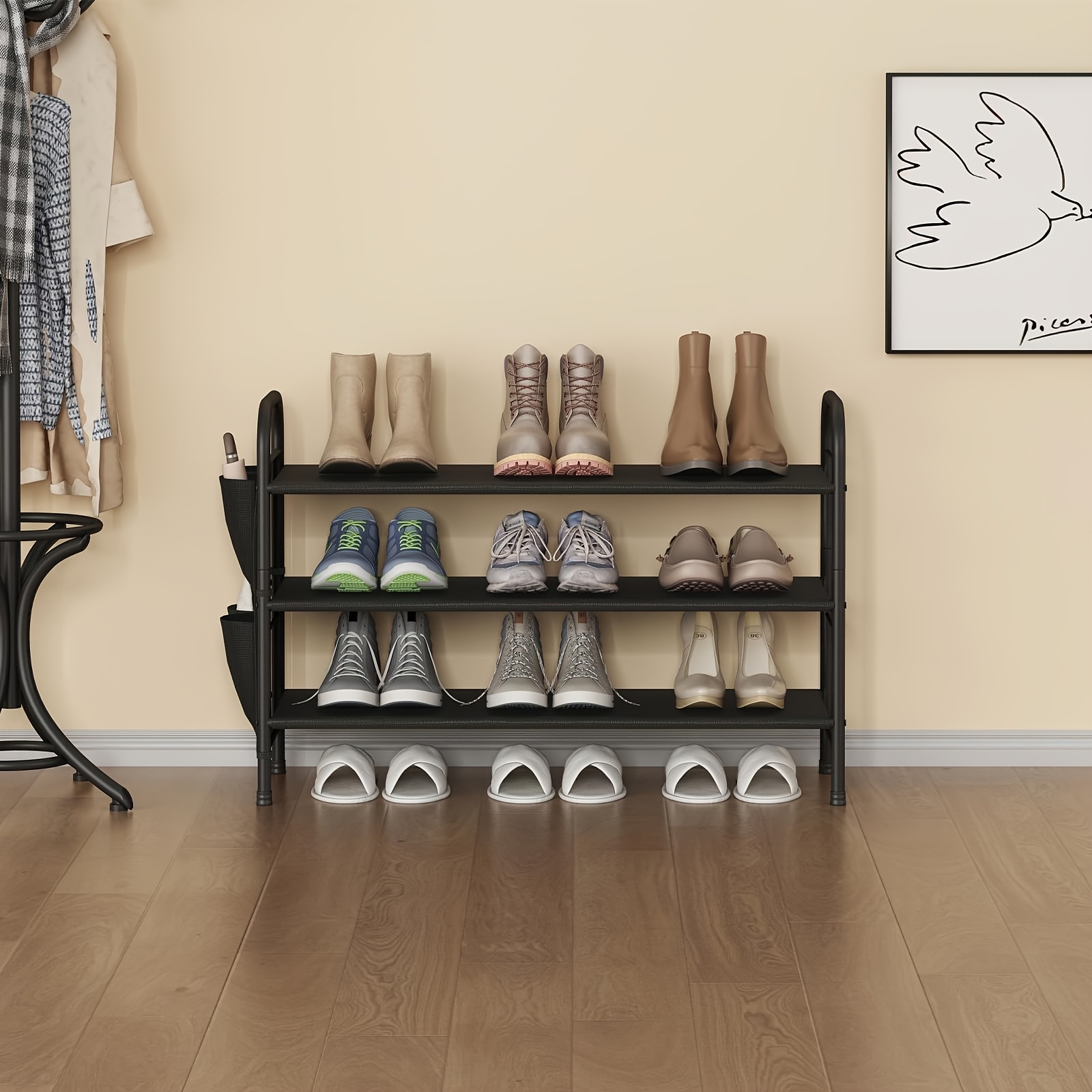 TEMU 3 Tier Shoe Rack Storage Organizer Free Standing Metal Shoe Shelf Compact Shoe Organizer With Side Bag For Entryway Closet Bedroom