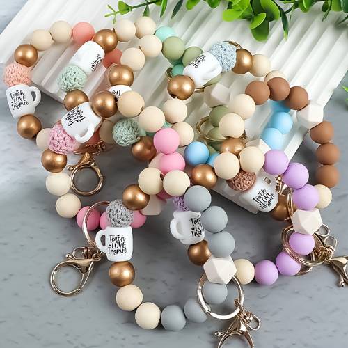 multicolor beaded keychain with bracelet letter beads colorful beads and cup charm multiple colors teach text portable storage to prevent loss bag and clothing accessory design styles ideal for teachers to