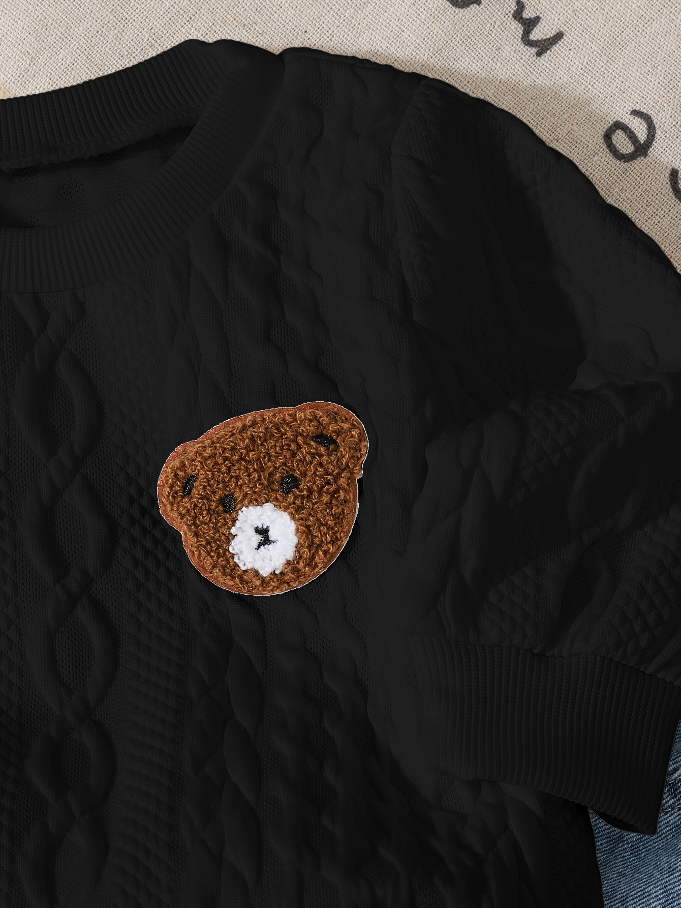 2pcs winter outfit set   patch sweater fringe hem jeans with elastic waist brown bear pocket pants machine washable clothes autumn winter casual playwear   outdoor Product details 11