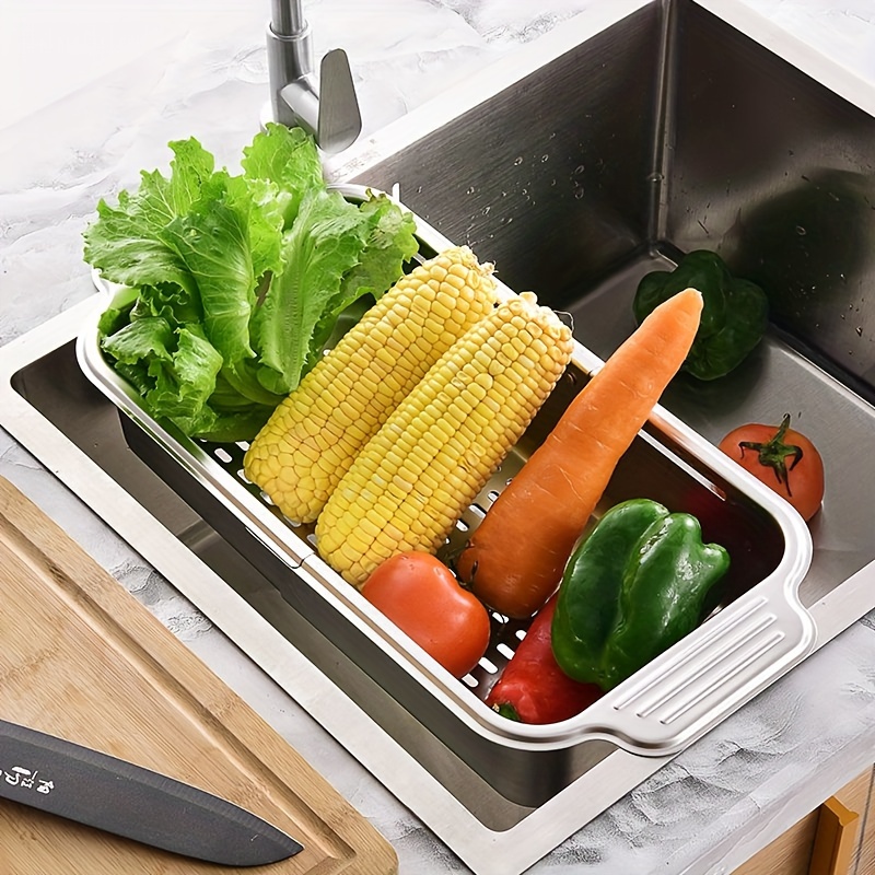 

304 Stainless Steel Over The Sink Strainer Colander: Extendable To Fit Any Sink - Perfect For Drying Pasta & Kitchen Supplies!