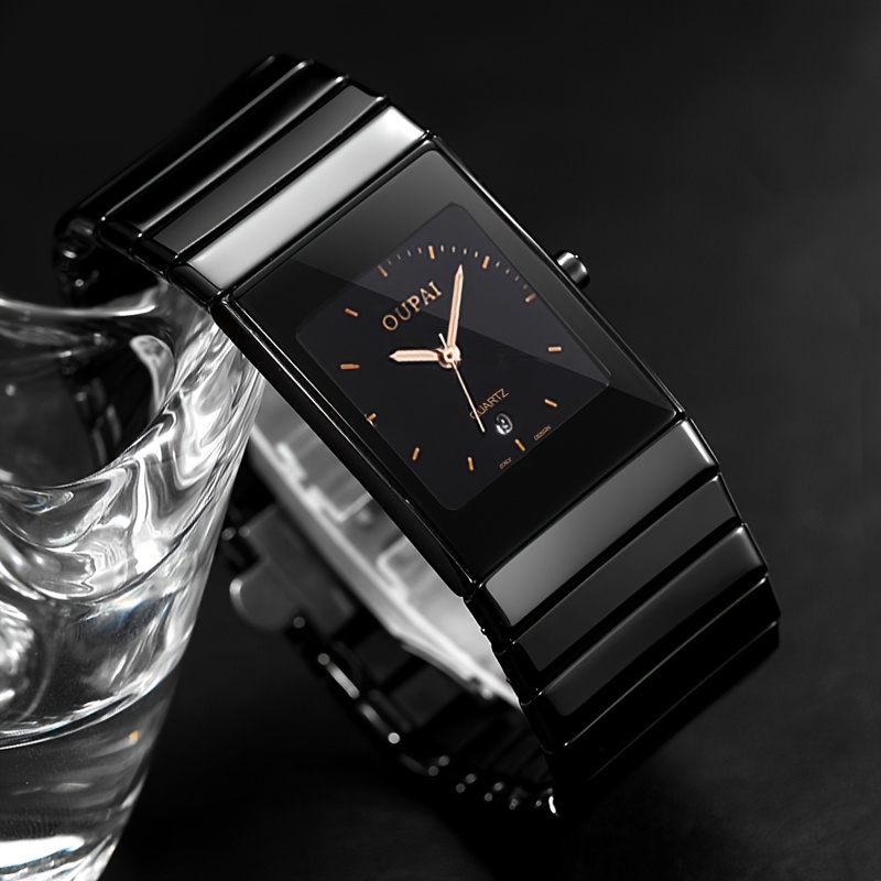 Oupai Men's Square Dial Watch with Ceramic Strap, 27mm Rectangular Wristwatch Featuring Bar Indexes, Calendar Display, Simple Casual Style Suitable for Daily Wear