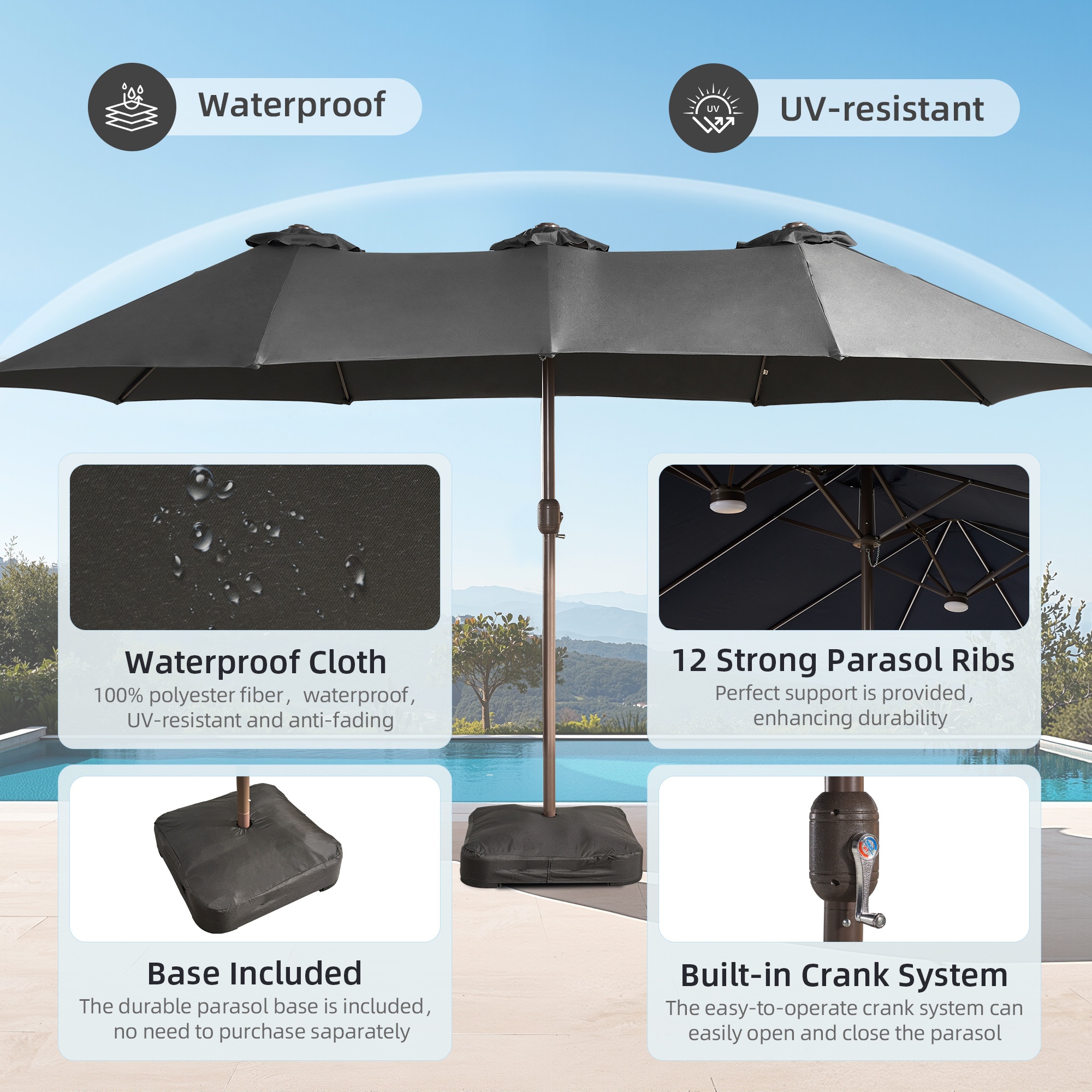 15ft Double Sided Patio Umbrella With 36 Solar LED Lights, 8Hr Auto-Illumination, Commercial-Grade Wind-Resistant Steel Frame & Premium Polyester Fabric, Outdoor Oversized Market Table Umbrella - 12 Heavy Duty Ribs (Base Included)