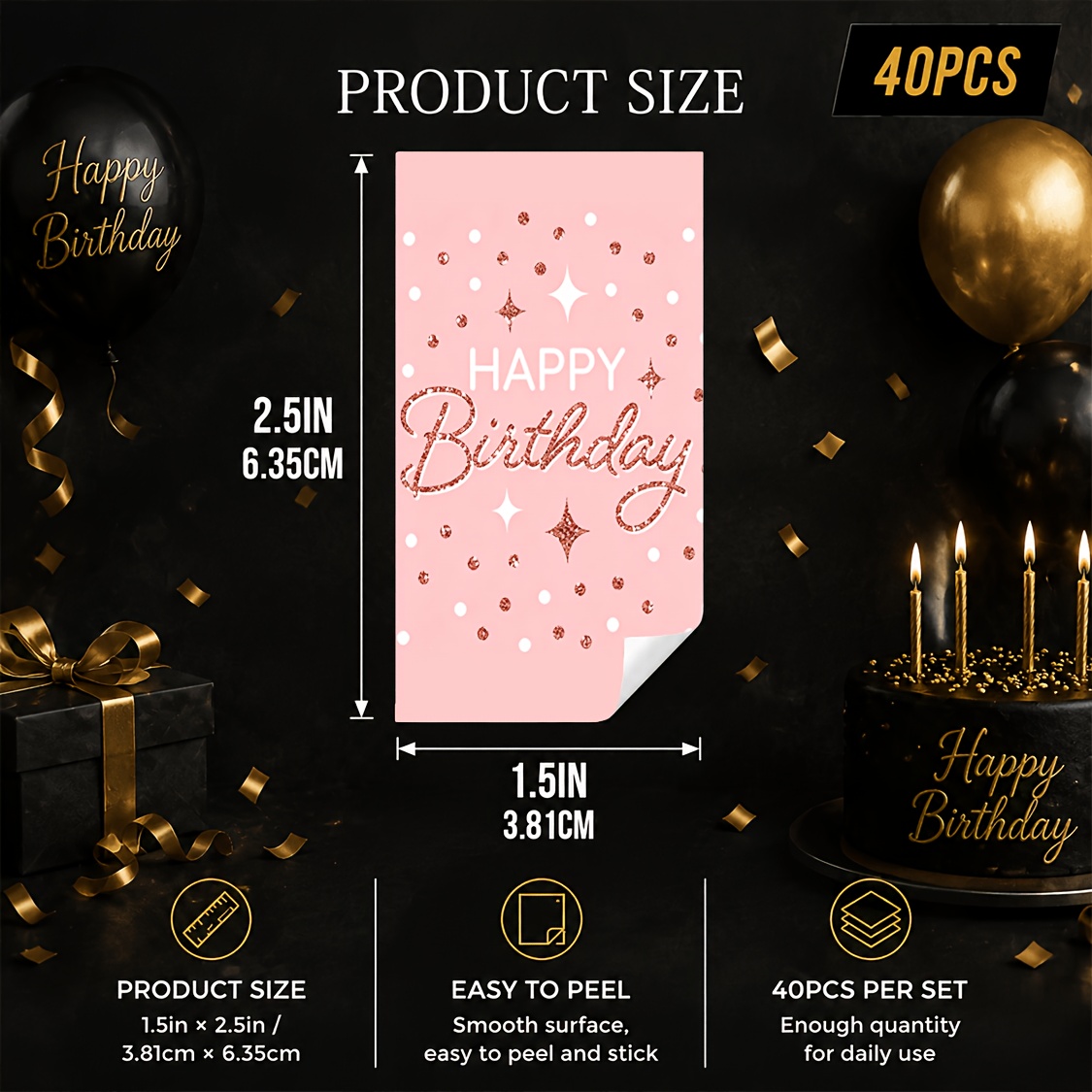 TEMU 40pcs, Pink Glittery With Confetti Happy Birthday Mini Chocolate Wrapper Stickers, Candy Bar Labels For Birthday Party Favors, Dessert Table