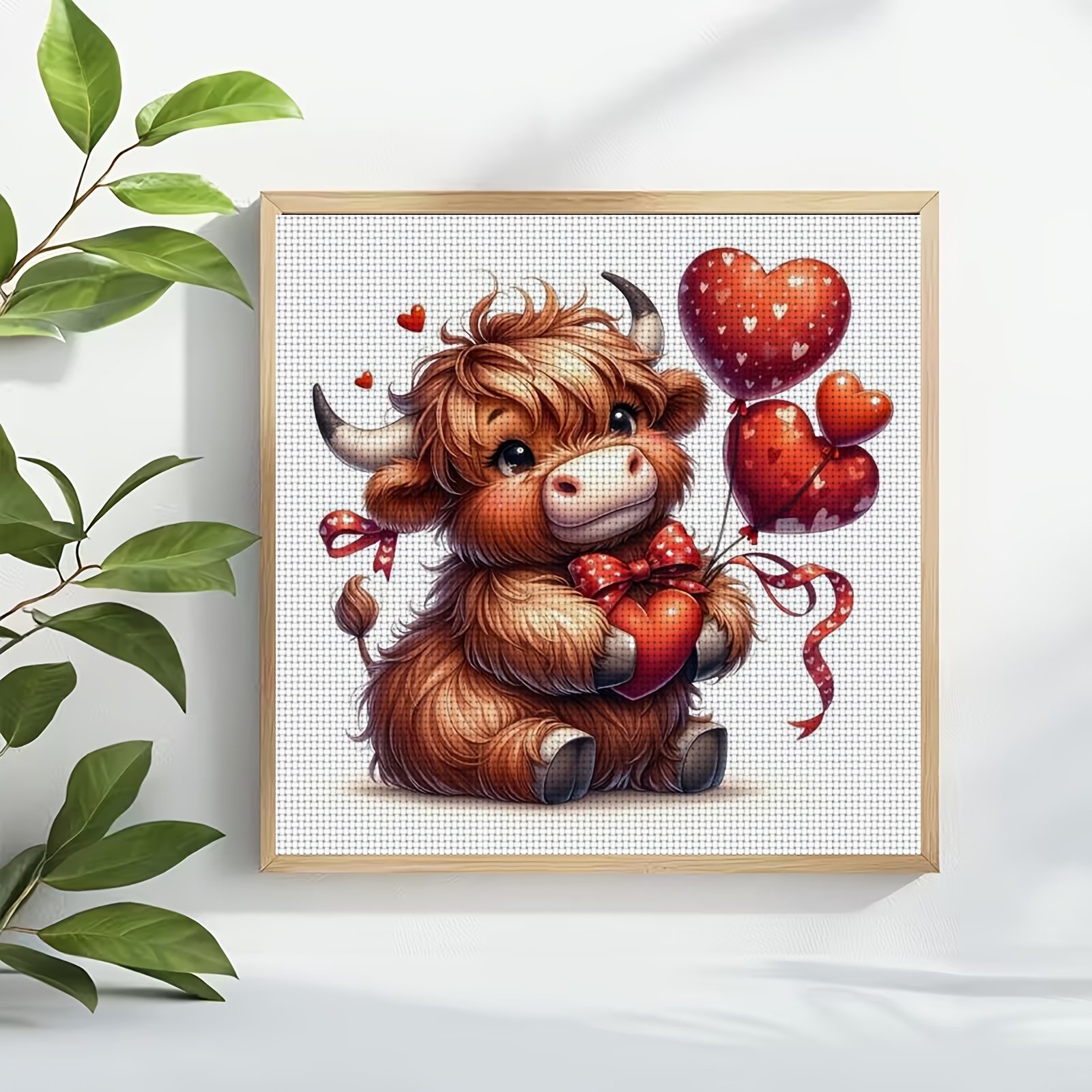 DIY Cross Stitch Print Kit, Frameless, Cute Cow Hugging Heart Balloon