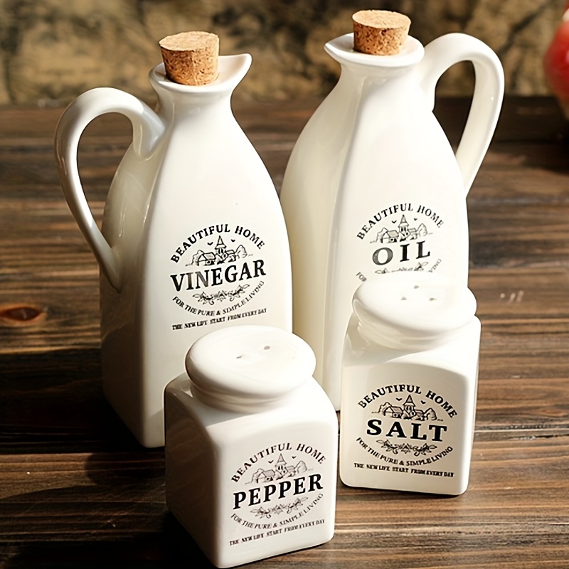 TEMU 4pcs Set Of Ceramic Oil And Vinegar Bottles - Salt And Pepper Bottle Set - Country Style Seasoning Containers - , Dining Table And Home Decor
