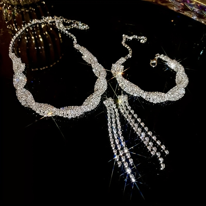TEMU 1 Necklace + 1 Pair Of Earrings + 1 Bracelet Exquisite Rhinestone Sparkling Necklace Jewelry Set Women's Bridal Banquet Party Wear