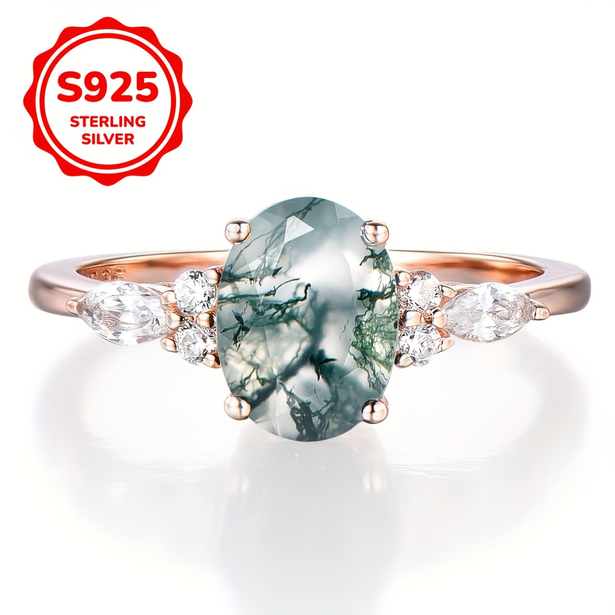 

S925 Sterling Silver Moss Agate Engagement Ring For Women, Bohemian Elegant Style, Natural Gemstone Unique Pattern Engagement Ring 2.8g/0.1oz