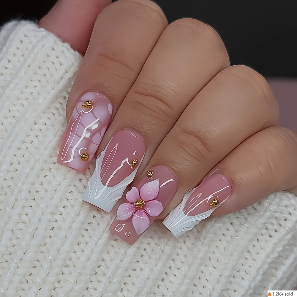 TEMU 24pcs Medium Water Pipe A-line White Floral Pattern Tortoiseshell Glossy Press-on Fake Nails, Simple And Stylish Removable Artificial Nails