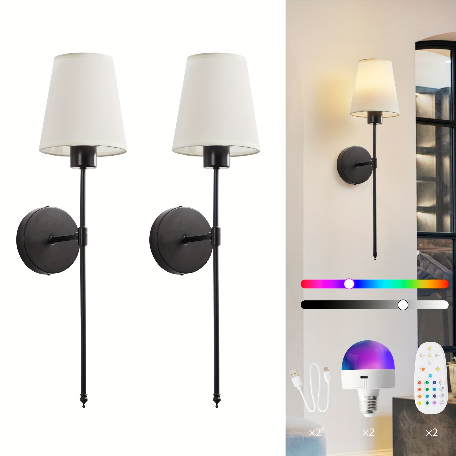 2-Pack RGB Rechargeable Wall Lights – Wireless LED Wall Sconces with Remote Control, 15 Color Adjustable Bulbs for Bedroom, Living Room & Closet — Zaynora Luxury Marketplace