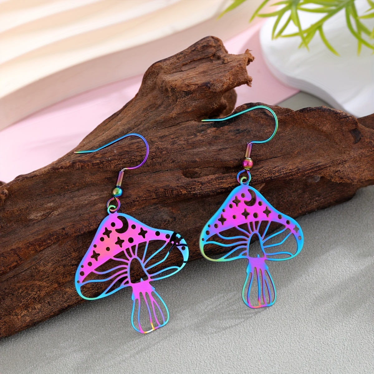 Image of A Pair Of Stainless Steel Hollow-out Fantasy Mushroom Earrings, Women's Colorful Flower Earrings, Colorful Earrings, And Multiple Including Multicolor, Golden, Black, Red, Blue, Orange, And Stainless