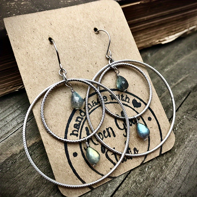 

Boho-chic Vintage Hollow Double Circle Dangle Earrings With Gem Accents - Alloy, Iron Posts, Perfect For Casual Attire & Gifting