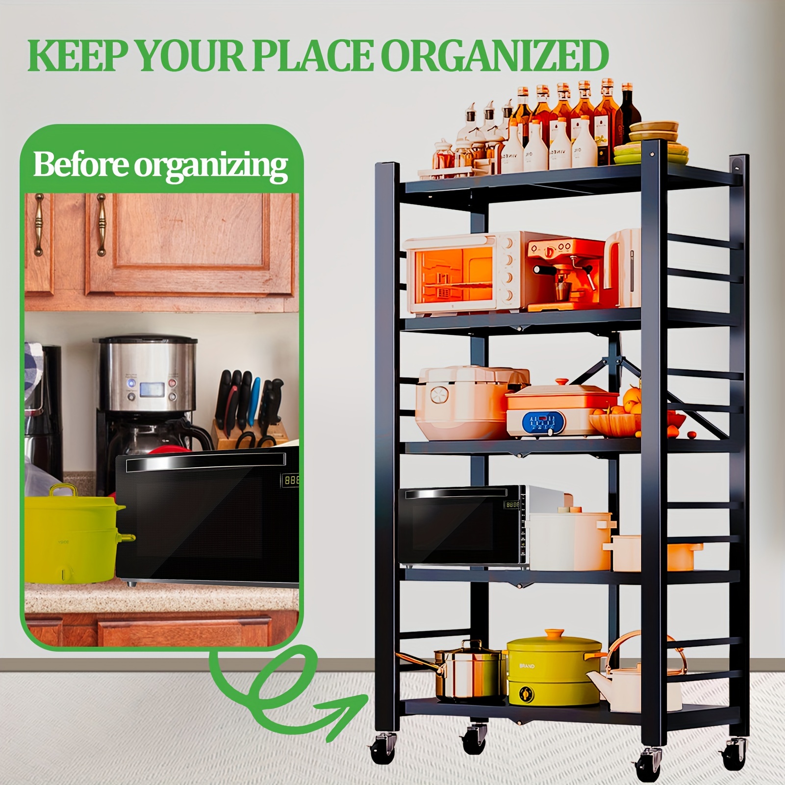 

Collapsible 4/5-tier Metal Storage Shelves, Heavy Duty Garage Shelving With Wheels, Effortlessly Organize Your Space, Perfect For Kitchen, Garage, And Closet Storage Needs