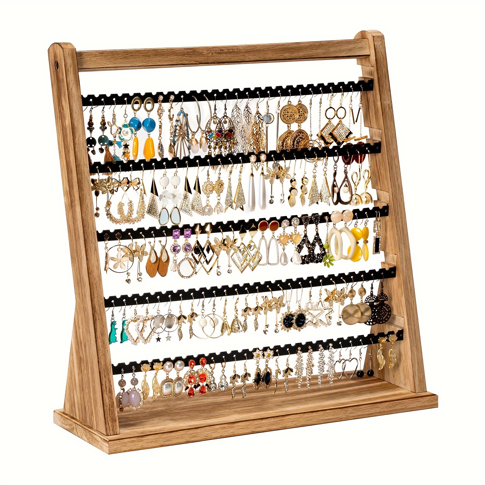5 tier rustic wood earring organizer stand with black cord hooks distressed   jewelry display rack for stud hoop earrings multi purpose home decor gift for women earring display stand elegant design quality    