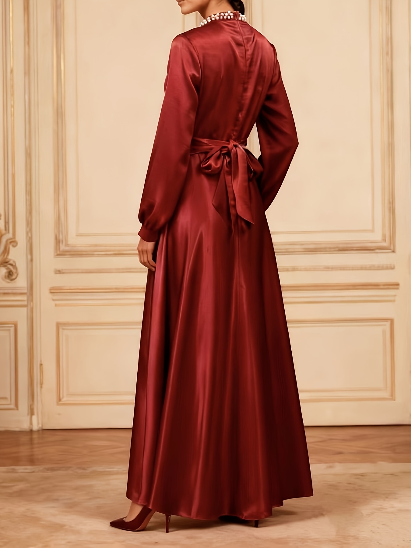 traditional dress ll168 stand collar solid color flared pendulum style suitable for   Product details 2