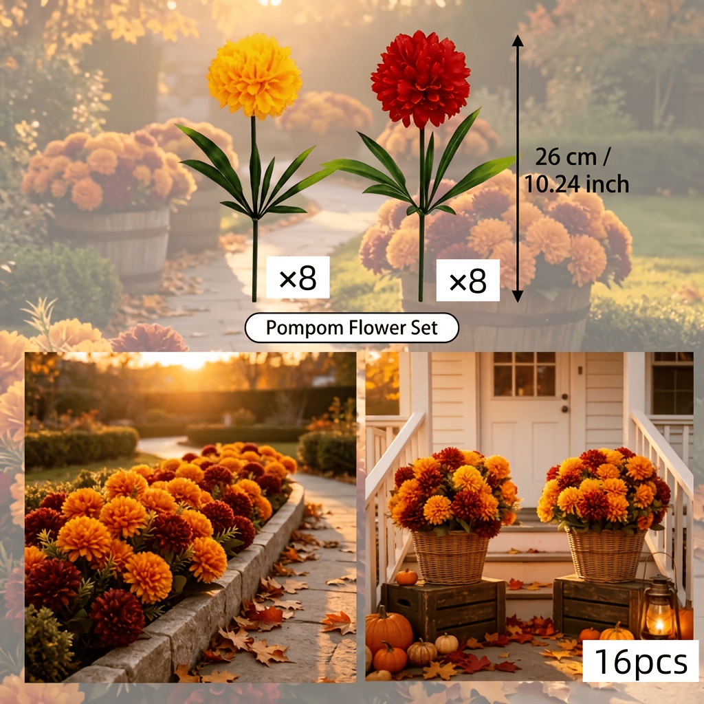TEMU Ramo de 16 de flores artificiales de , para decoraciones de invierno, Navidad y Acción de Gracias, porche, jardín, decoración de cestas