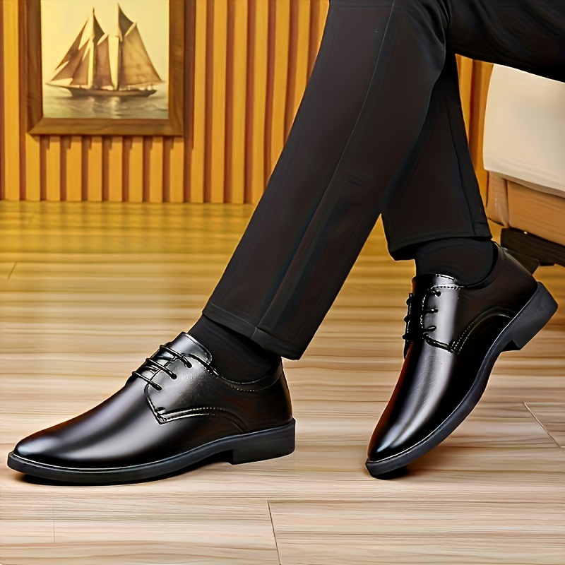 Men's British Formal Shoes, Black Glossy Low-Top Business Shoes, Lace-Up/Slip-On Dual-Use Minimalist Design, PU Upper and Lining for Easy Cleaning and Polishing, Wear-Resistant and Slip-Resistant PU Sole for Stable Walking, Round Toe Wide Fit for