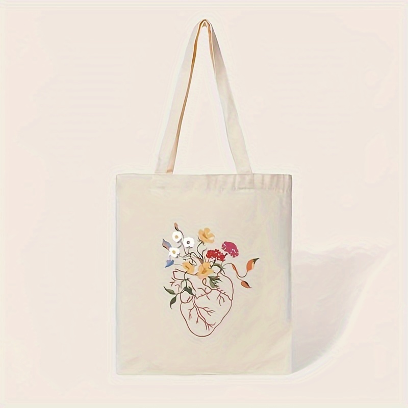 

Minimalist Canvas Tote Bag With Heart Print, Large Capacity Shoulder Bag For Shopping And School, Essential Stationery Storage Bag