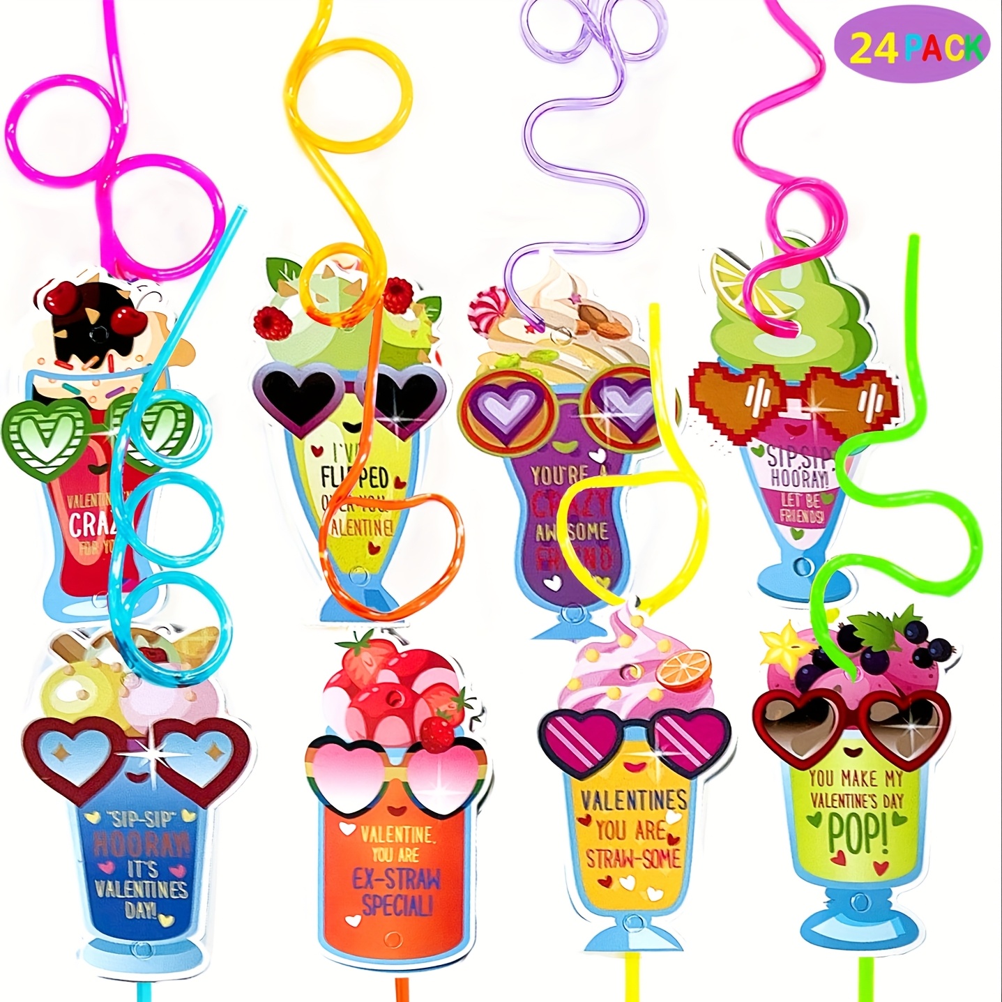 

Valentine's Day 24pcs Gift Set: Reusable Drinking Straws & Exchange Cards With 8 Designs - Ideal For Classroom, Carnival Parties & Prizes