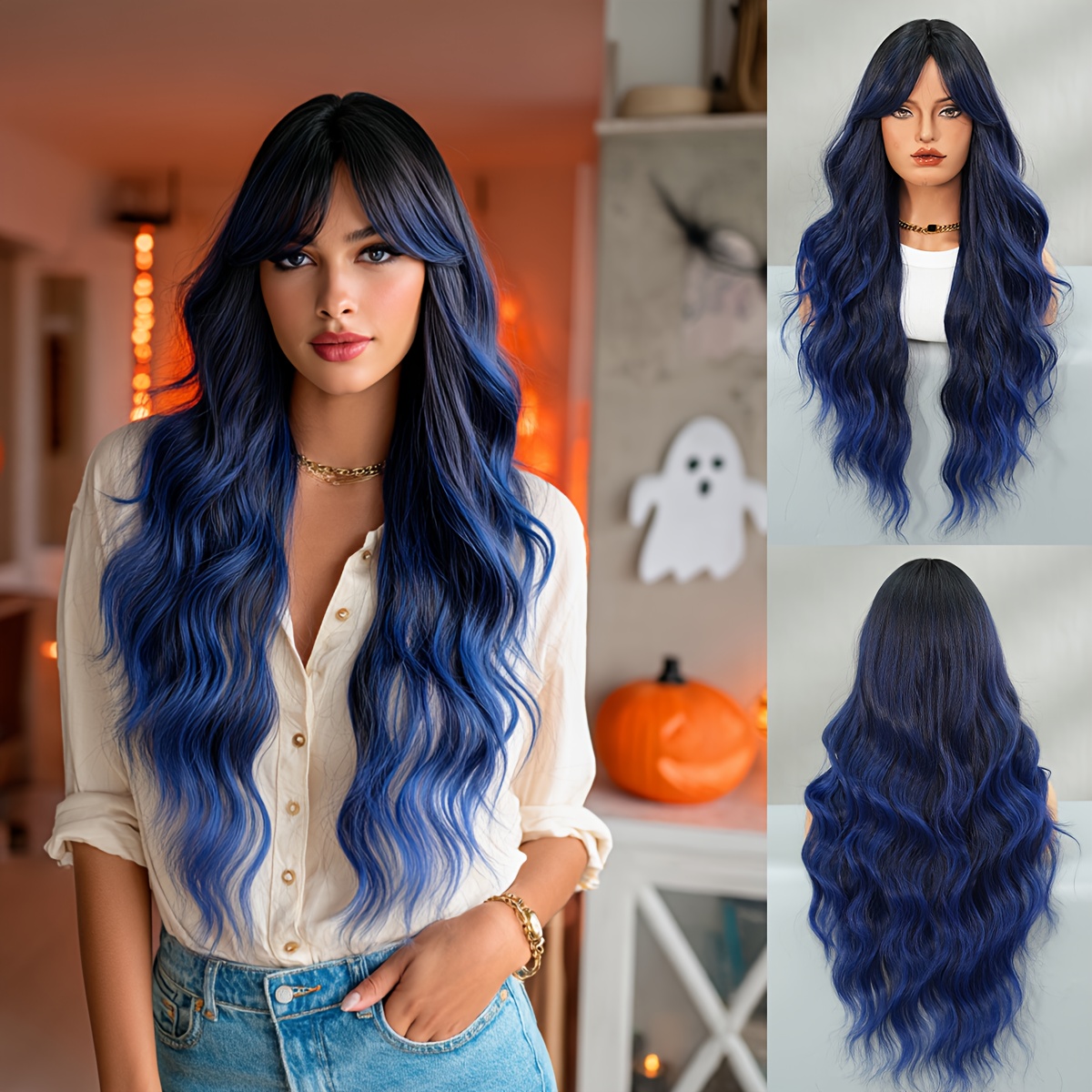 TEMU Long Black Ombre Blue Wigs With Water Wave Style For Women, Featuring A Modest Fashion Middle Part And Curtain Bangs. High-density Synthetic