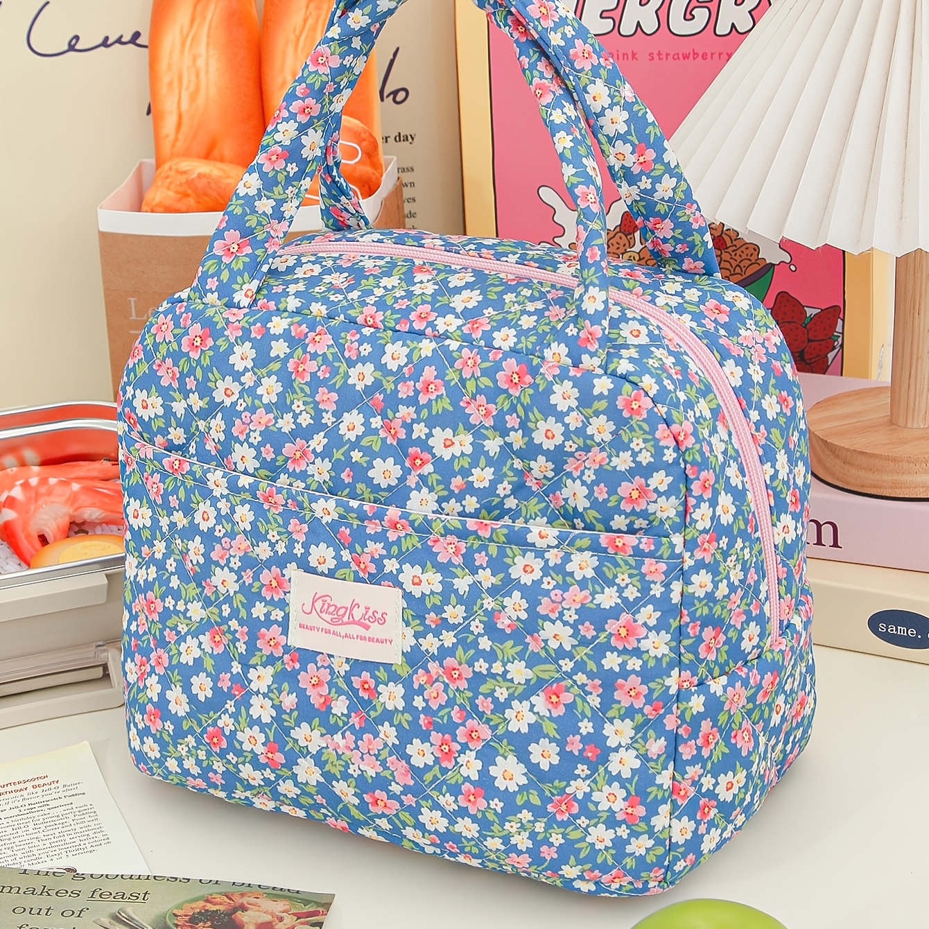 TEMU Insulated Lunch Bag With A Floral Quilted Design And Handle, Women. This Reusable Tote Is Ideal For Work, Travel, Or Picnics, Offering A Cooler