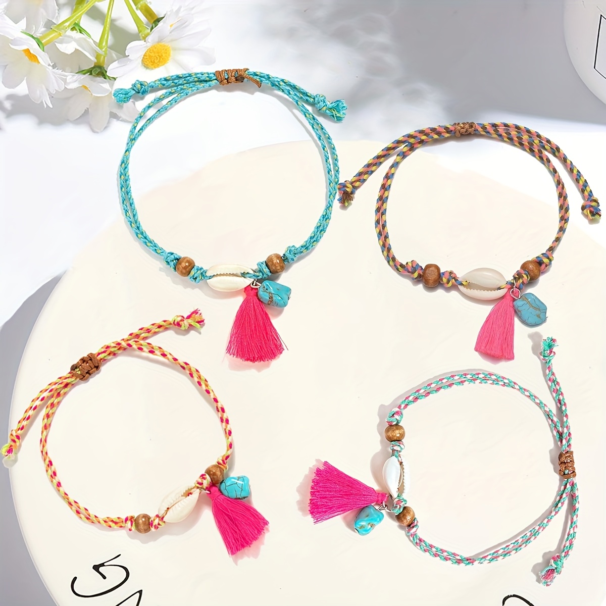 Women's Woven Anklet with Shell Tassel & Turquoise Pendant