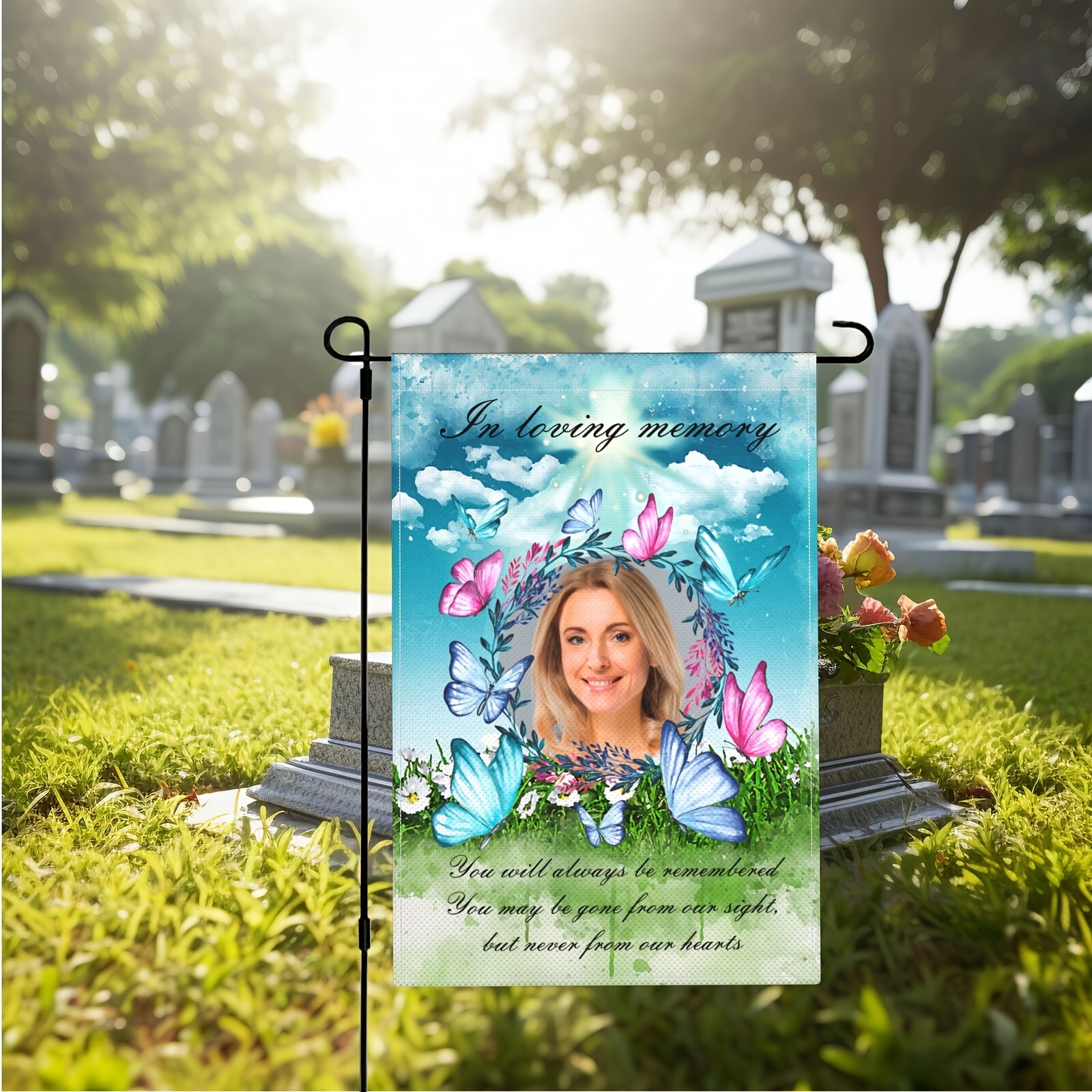 

Personalized Memorial Garden Flag - In Loving Memory, Custom Butterfly Design With Your Photo, Linen, 12x18 Inches - Perfect Condolence & Loss Of Loved 1 Gift (no Metal Brace)