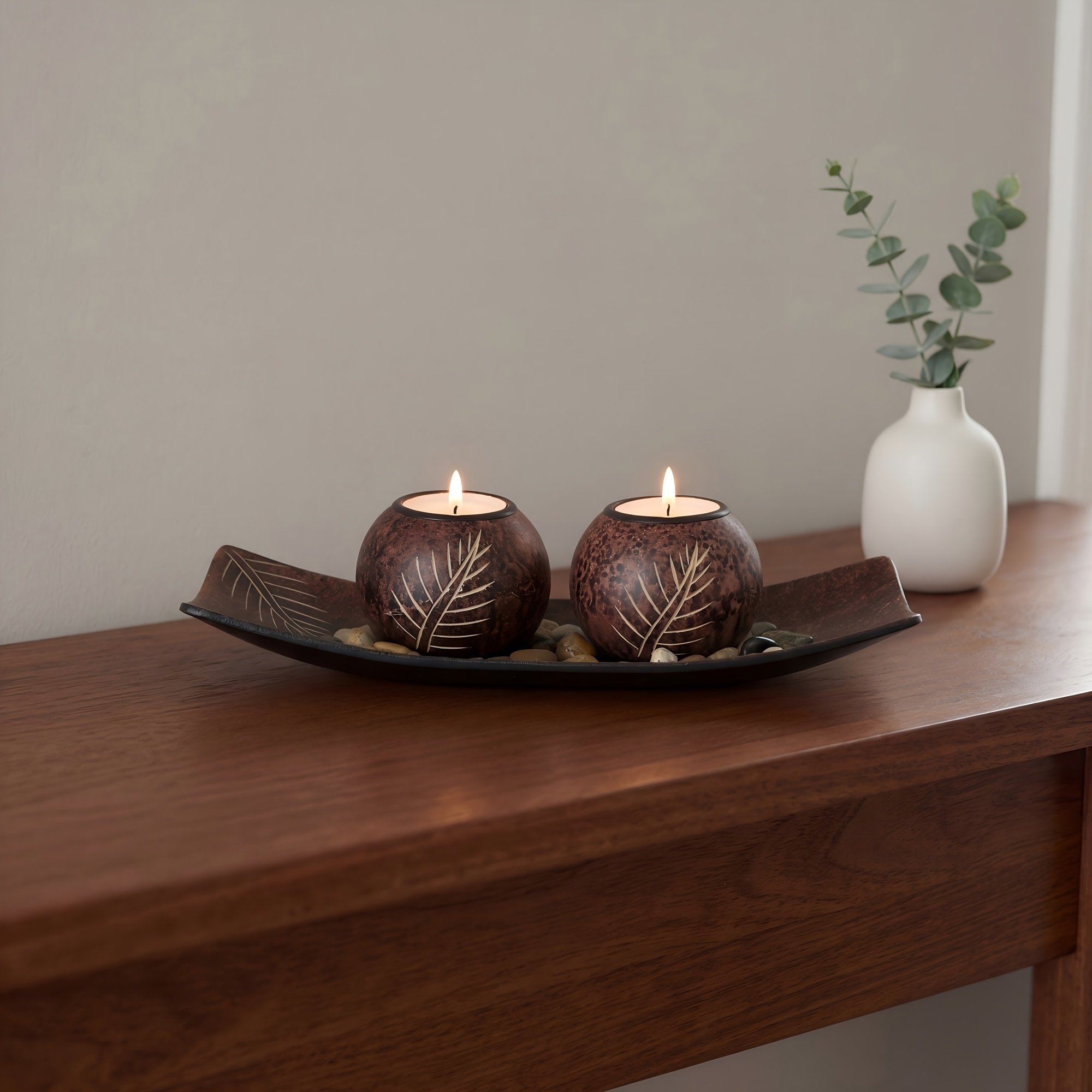 1 Set of Silent Wind Candle Holder Retro Coconut Shell Leaf Pattern Tea Candle Holder Homestay Atmosphere Home Decorative Ornaments Holiday Party Desktop Center Decorations (Delivery Without Candles)