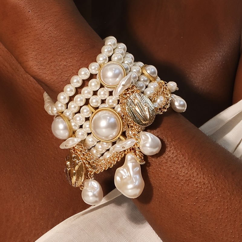TEMU 1 pieza de pulsera retro elegante de de perlas multicapa, cadena de aleación de concha, combinación