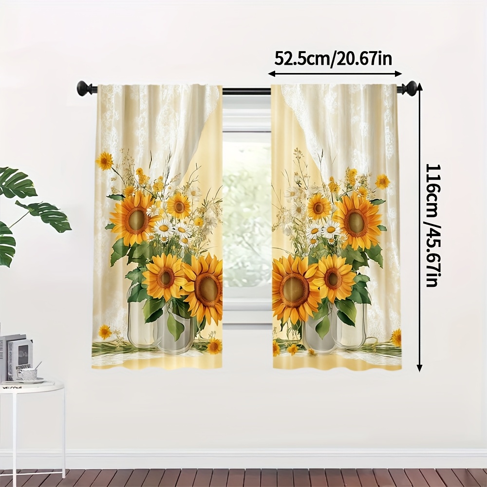 TEMU 2pcs Set, Stylish Sunflower & Floral Themed Curtains, 100% Polyester, Ideal For Bedrooms & Rooms, Rod , Machine Washable â Multiple Sizes (rod