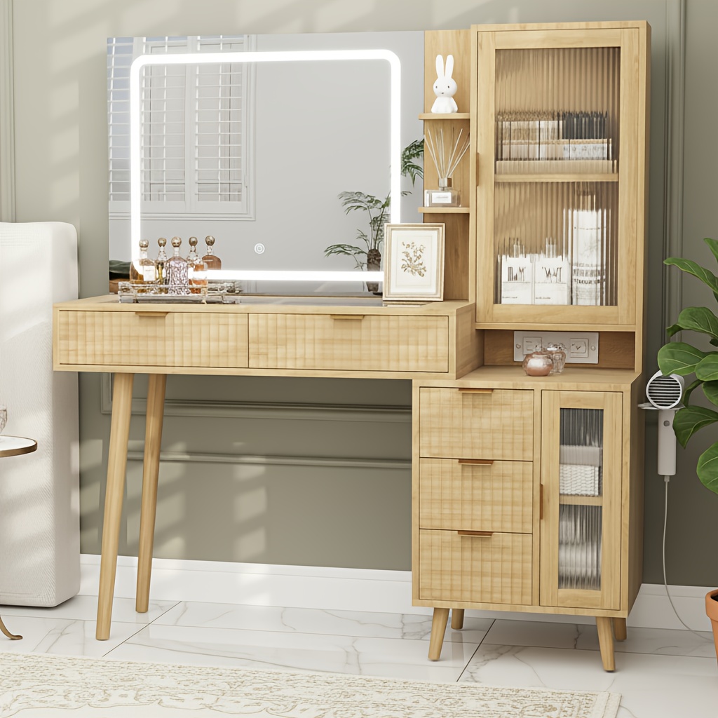 dressing table boho Brafabhome Vintage Boho Vanity Table Set with Adjustable Lighted Mirror and Stool, Modern Dressing Table Set with Drawers and Storage Shelves for
