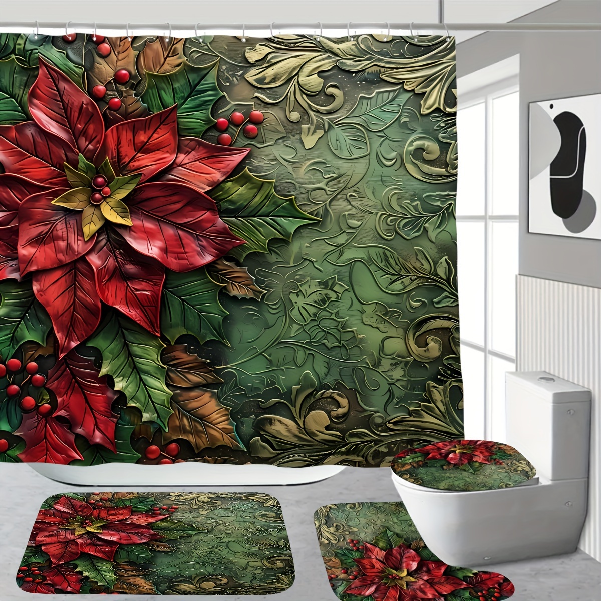 

Christmas Shower Curtain Set Bath Mat, Lid , Polyester Decorative Bathroom 12 - Printed , ,