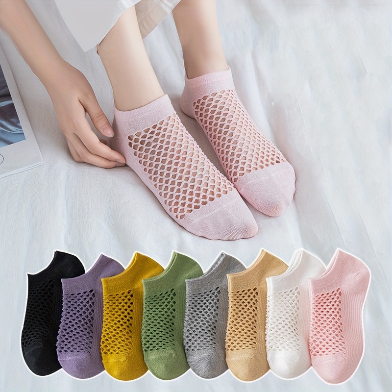 

8 Pairs Hollow Mesh Socks, Thin & Breathable Solid Short Socks, Women's Stockings & Hosiery