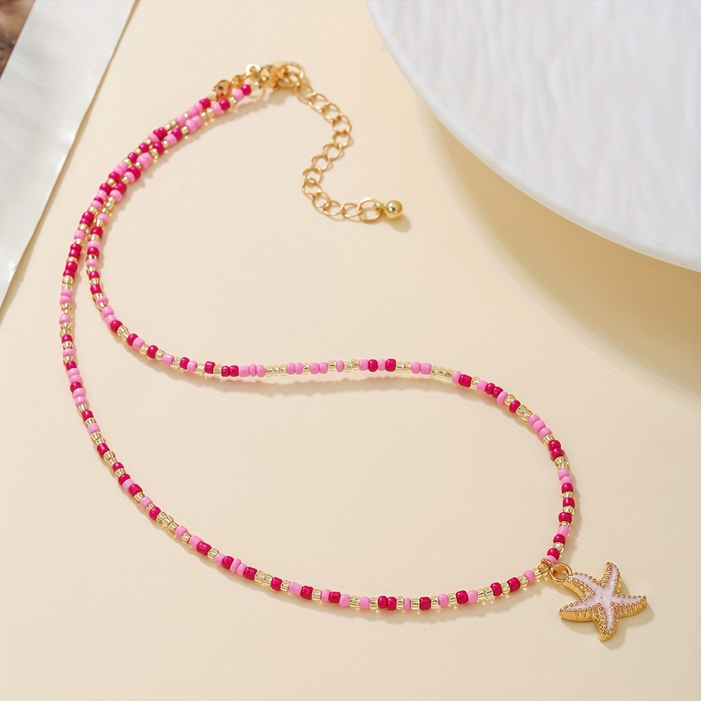 E-shop Strand Casual Urlaubsstil Acryl Reis Perlen Seestern Anhänger Halskette Verstellbare Größe Geeignet für Damen Casual Urlaubsbekleidung Und