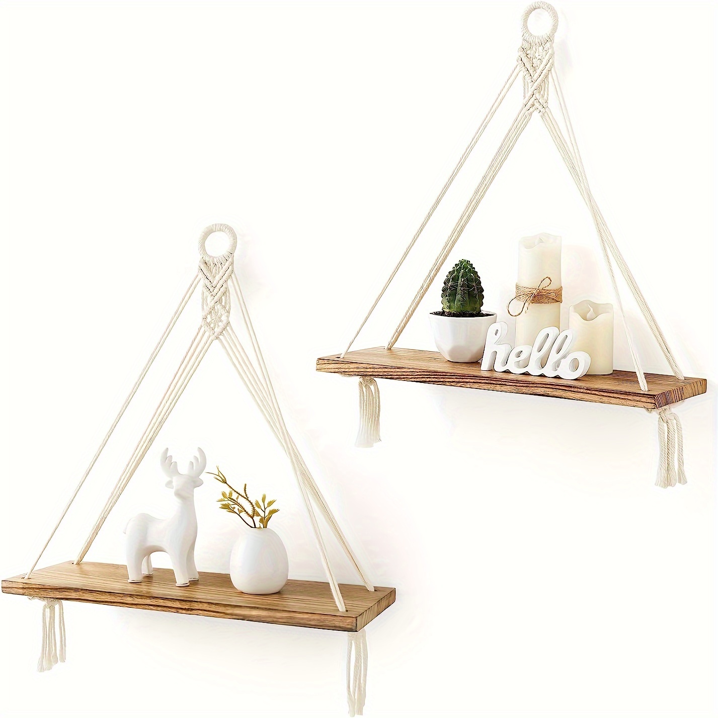 

2-pack Boho Macrame Hanging Shelves - Fabric Wall Hanging Floating Wood Shelves For Storage And Display In Bedroom, Living Room, Nursery, Dorm - Versatile Wall Mounted Rope Shelf For Plants, Photos