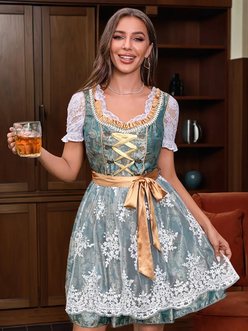 beer festival dress Yesfashion Womens Beer Festival Dirndl Dress 3-Piece Set, Floral Lace-Up Dress with Off-Shoulder Blouse and Green Apron, Women's, Size: 2XL