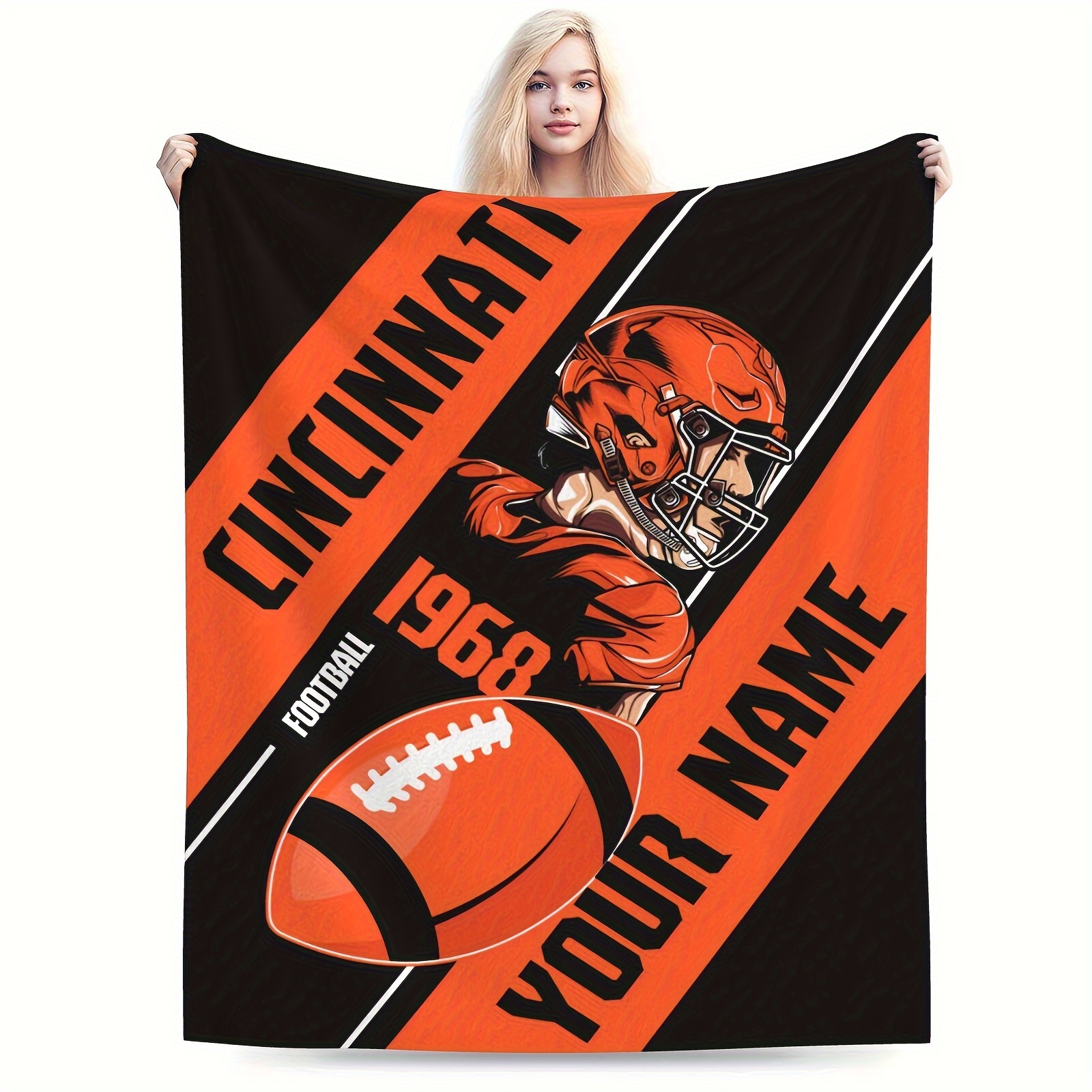 

Customized Football Flannel Blanket, Personalized Throw, Custom Name, Ideal Gift For Men, Women, Fans, Polyester, Rectangular, Knit Fabric, Decorative For Sofa, Bed, Home & Kitchen Decor