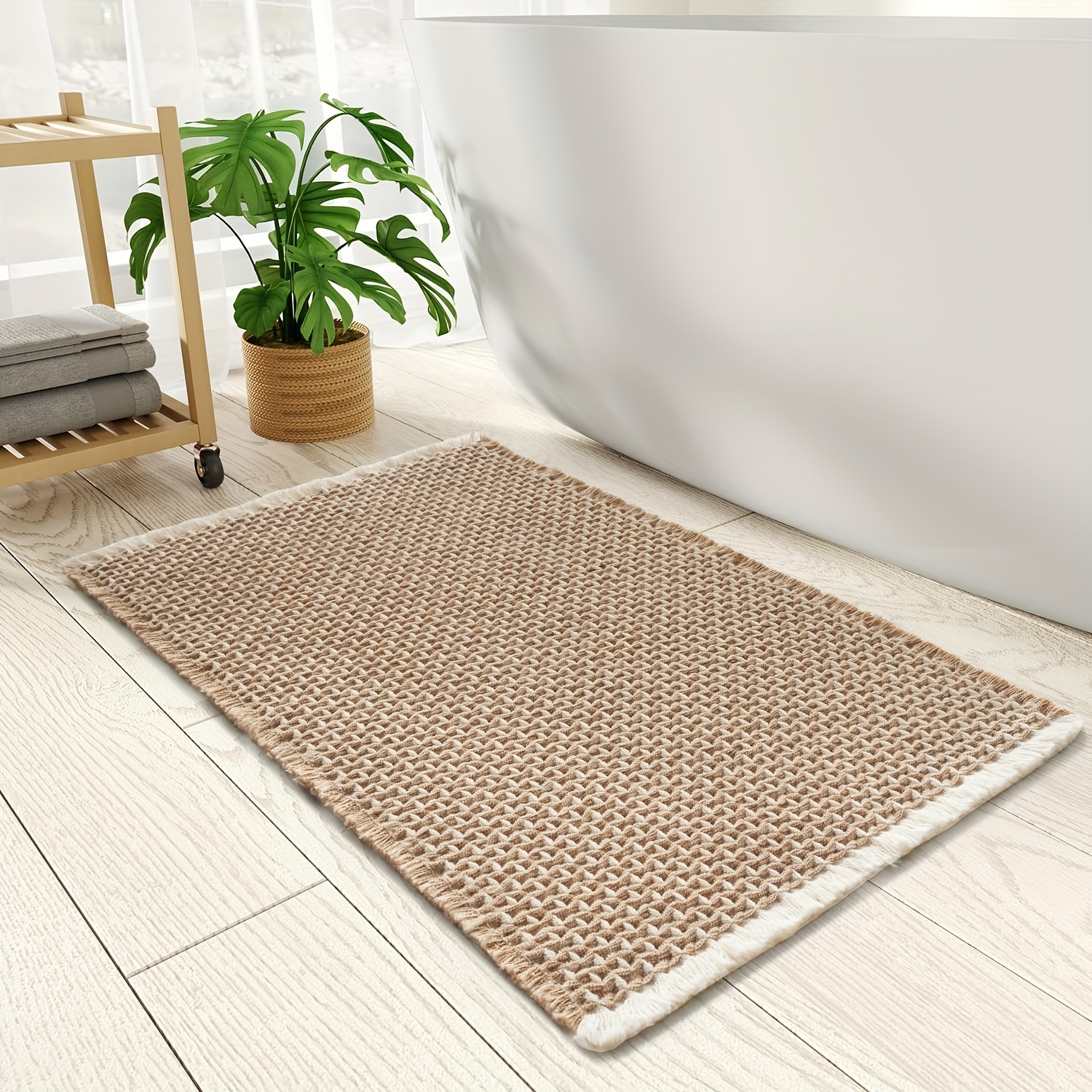 Image of Sixhome Checkered Bath Mat, Super Absorbent Non-slip Bath Mats For Bathroom Floor 3d Bathroom Mat With Tassels Machine Washable Bathroom Rugs Tub