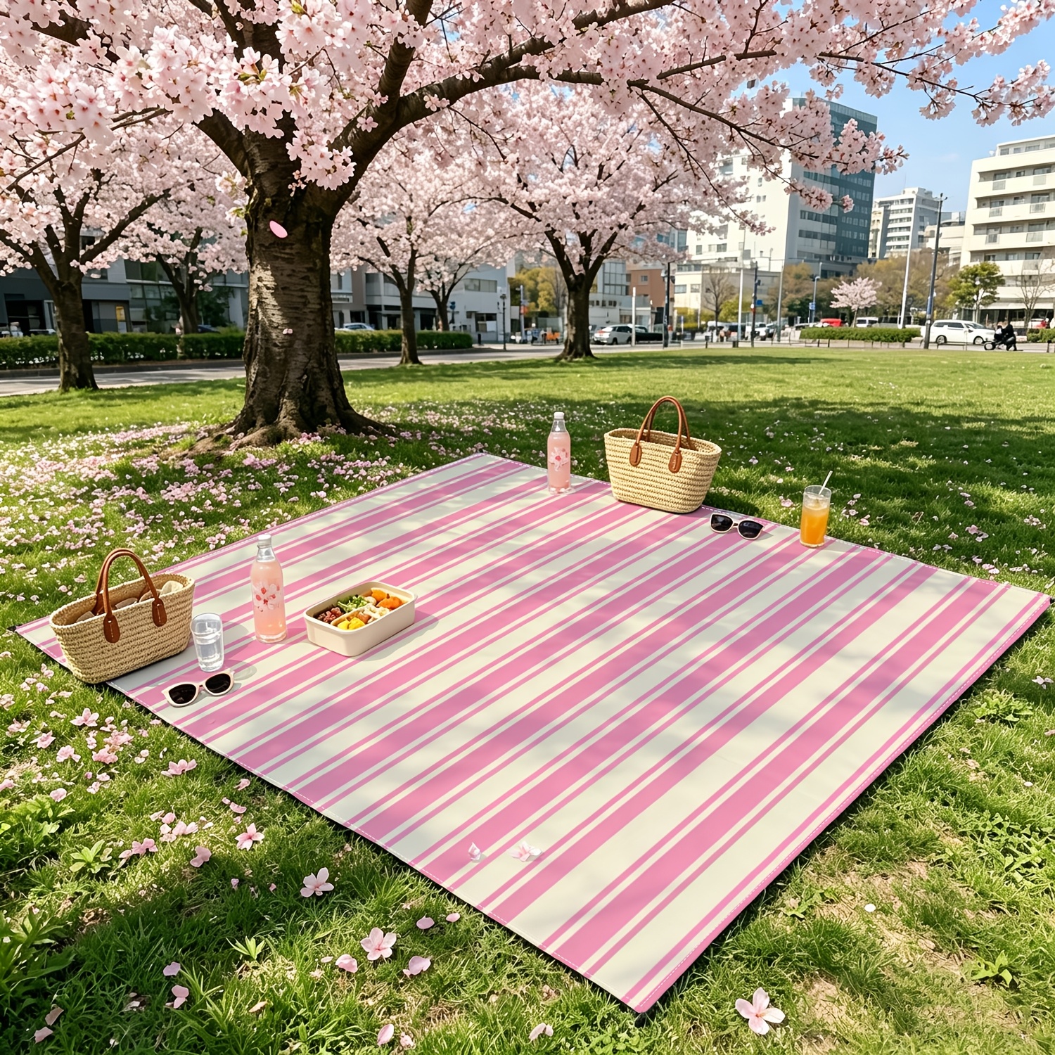TEMU Pink Striped Outdoor Picnic Mat, 2d Flat Printing Foldable Blanket, Portable Large Picnic Blanket For Park, Lawn, Beach, Camping, Travel,
