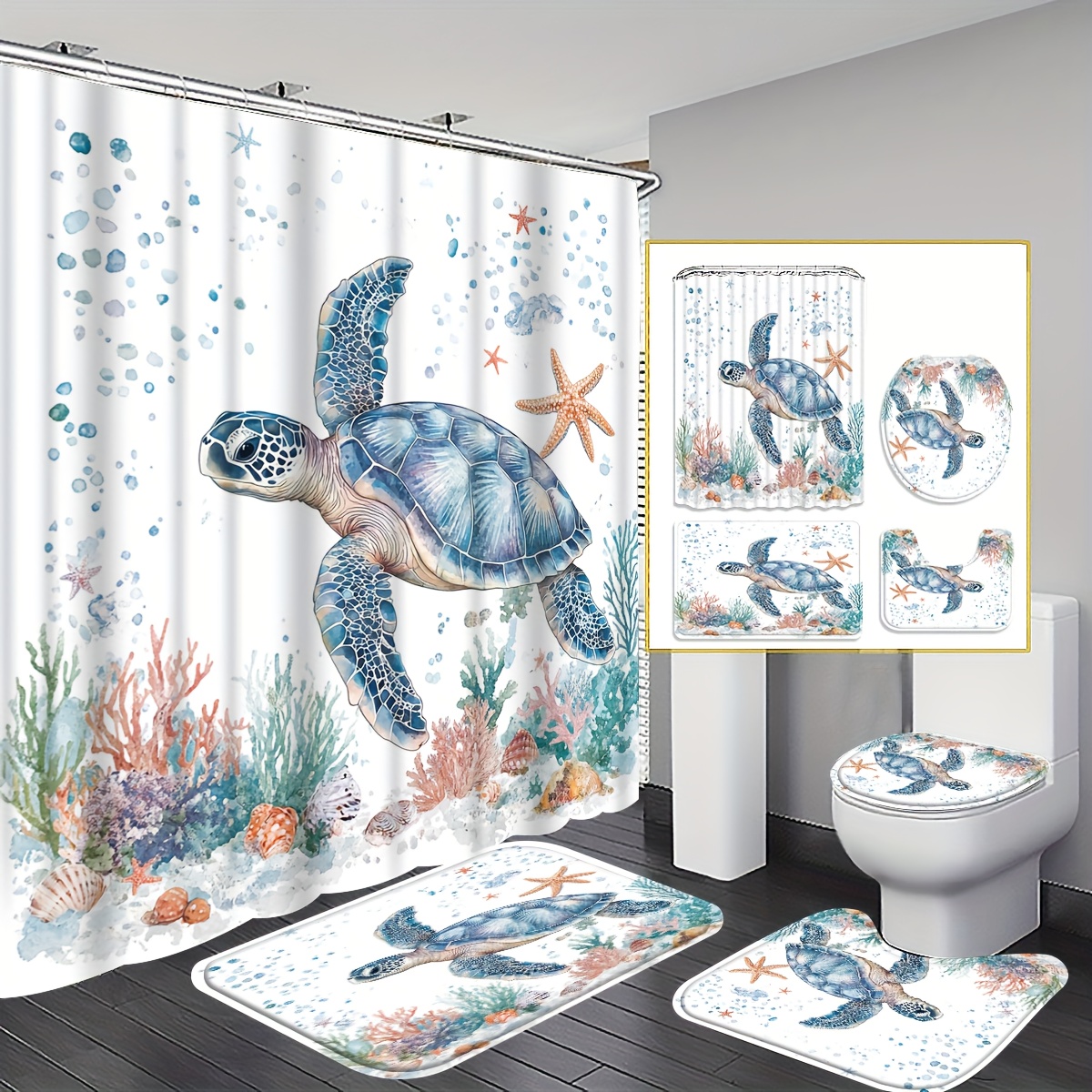 TEMU 4pcs 2d Flat Ocean Turtle Shower Curtain Set, Bathroom Decor, Accessories With Bath Mat, U-shaped Mat, Toilet Lid Cover, 12 Hooks 180x180cm