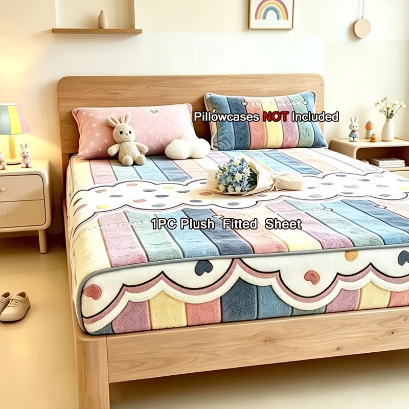 TEMU 1pc Soft Plush Fitted Sheet, Thickened Fluffy Mattress Cover, Single And Double Size Bedding Bed Cover (pillowcases Not Included)