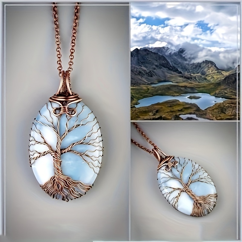 

1pc Bohemian Tree Of Life Opal Pendant Necklace – Natural Stone Amulet Jewelry With Intricate Wire-wrapped Design, Elegant Stone, , Amulet | Elegant Pendant | Metallic Accents, Tree Necklace