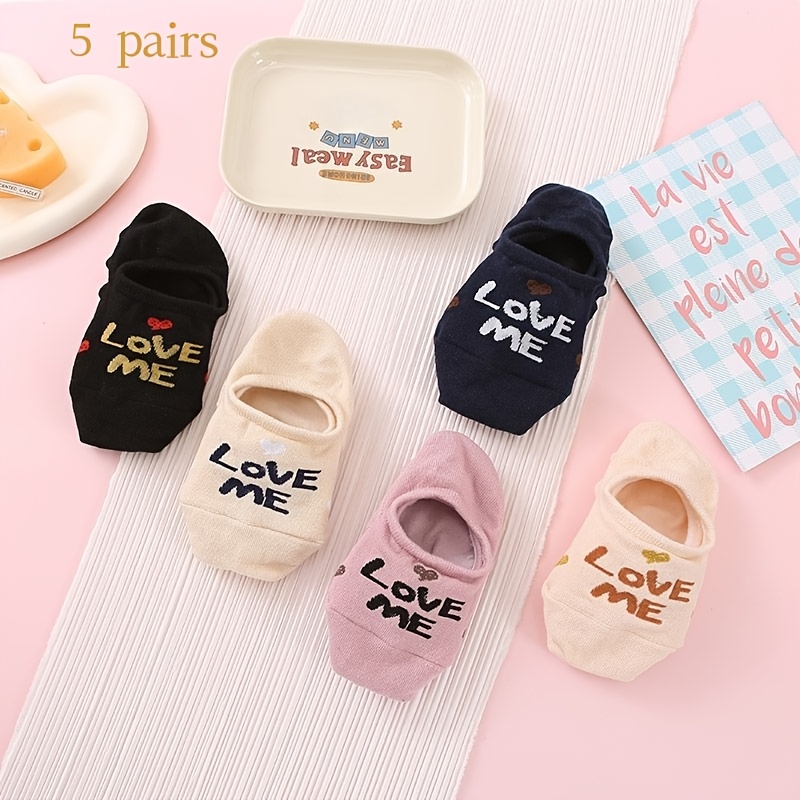 TEMU 5 Pairs Women's Socks, Spring/summer Lightweight Breathable No Show Socks,letter Heart Pattern,invisible Socks, Short Socks,versatile