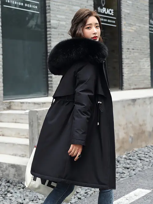 여성 패션 2024 겨울 코트 후드, 캐주얼 단색 폴리에스테르 100% 후드 재킷, 따뜻한 두꺼운 재킷, 분리 가능한 모피 칼라, 체형 개선 허리 디자인, 드로스트링 디테일, 직조 직물, 100g/m² - 가을/겨울 아우터웨어