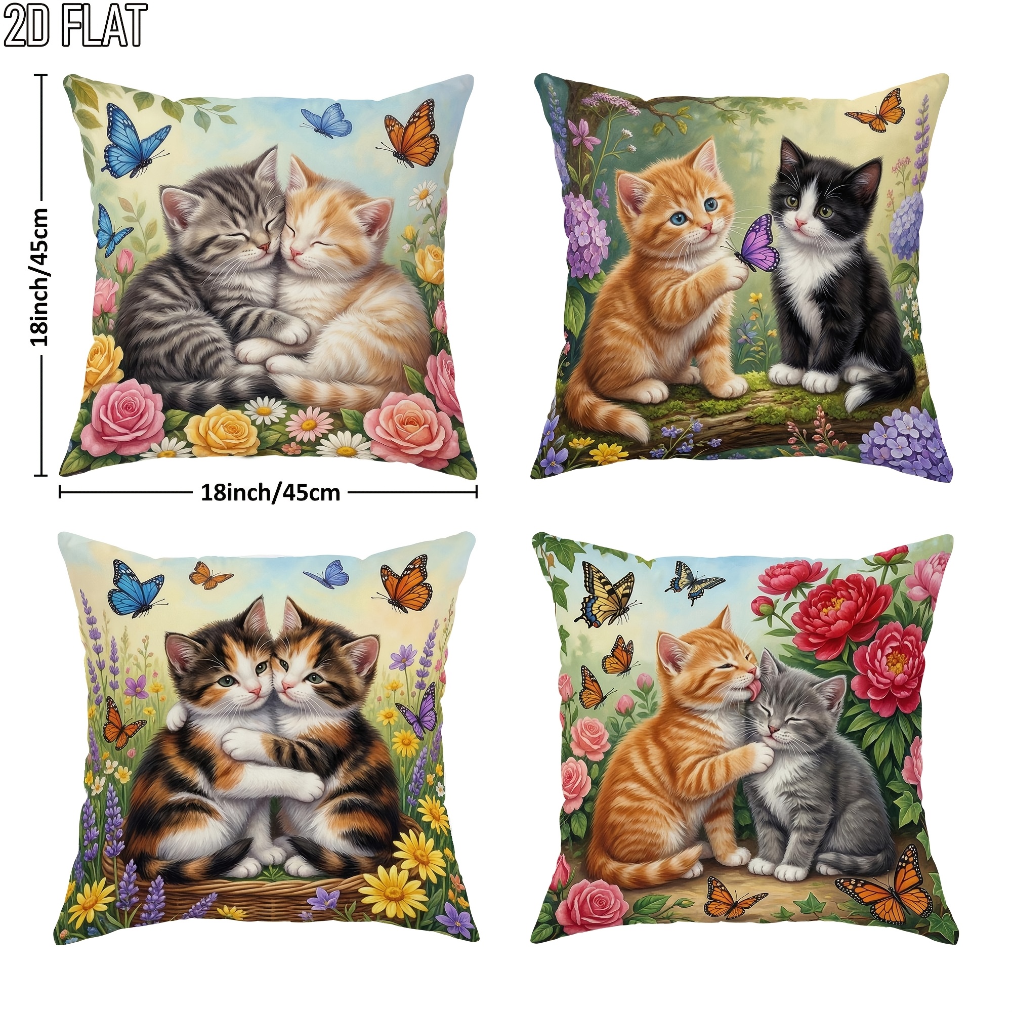 TEMU 2d Flat 4pcs Cute Cat Throw Pillow Covers Peach Green Decorative Pillowcases One-sided Printing For Living Room Bedroom Sofa Bed Decor Without