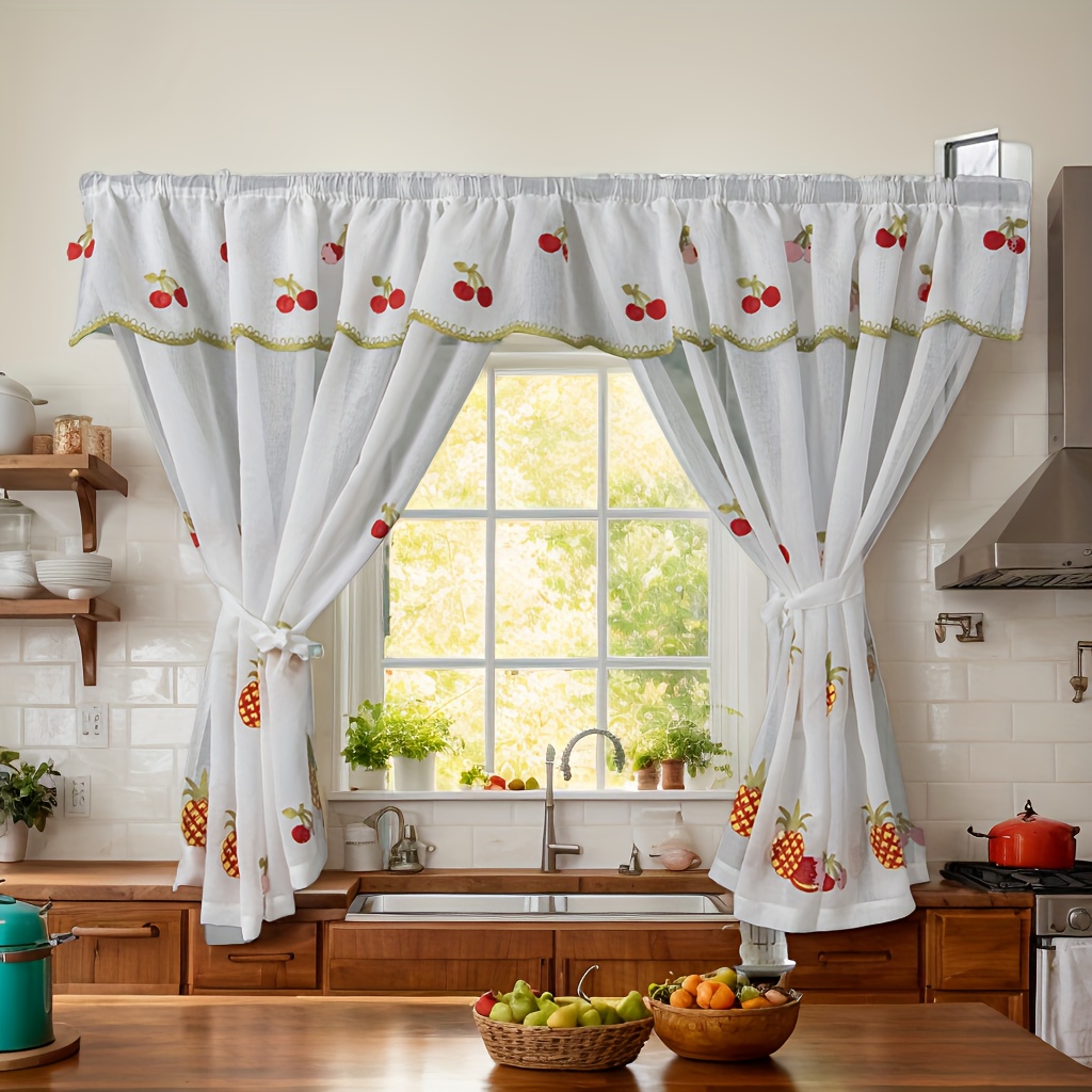 TEMU 1set Easy Small Curtain Embroidery Double Layer Double Open Fruit Short Curtain Living Room Bedroom Kitchen Partition Window Screen Coffee