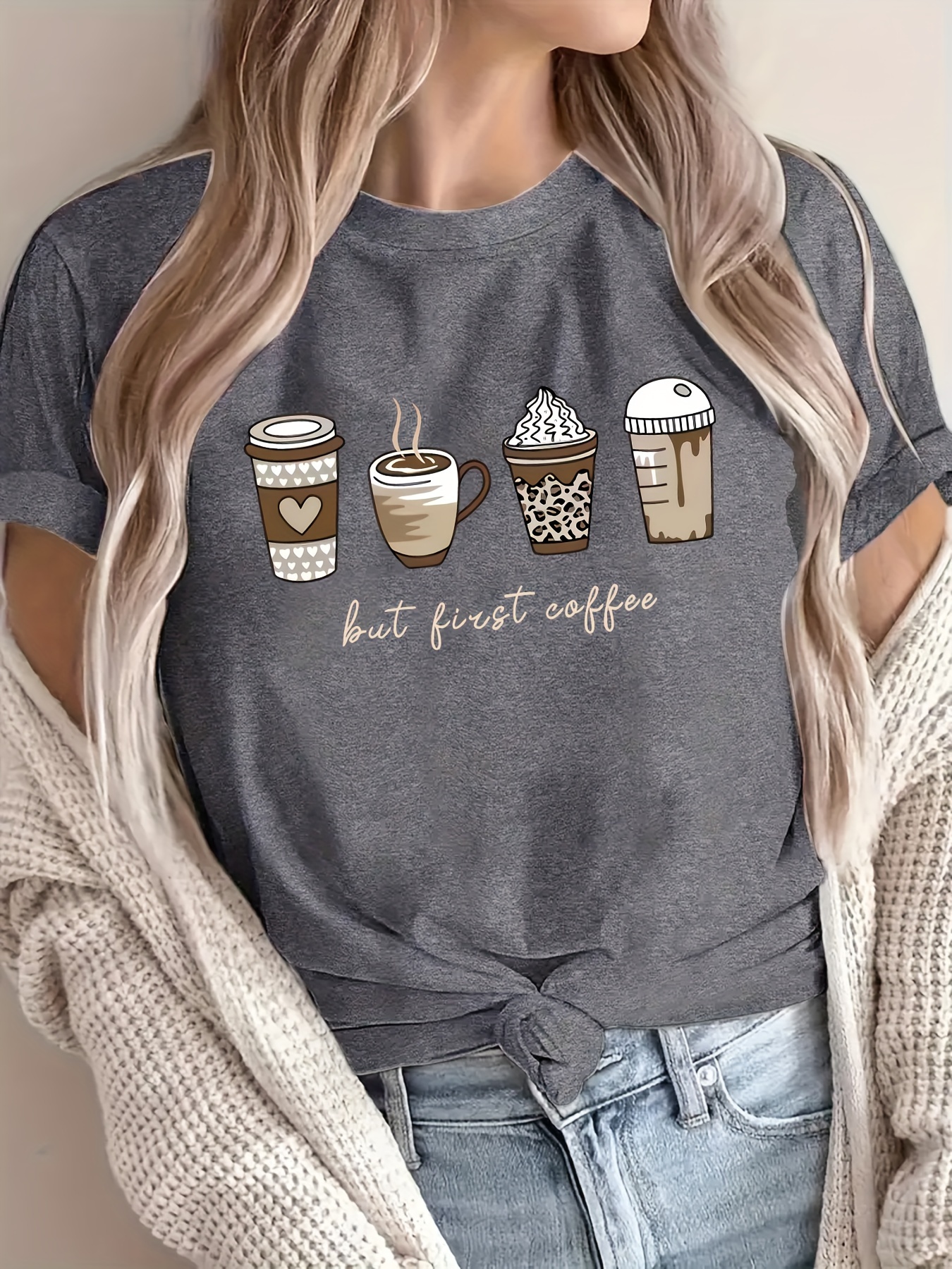 Womens Coffee Print T-Shirt - Lightweight & Comfortable, Short Sleeve Crew Neck Top - Eye-Catching Graphic for Summer & Spring Casual Wear - Fashionable Womens Clothing