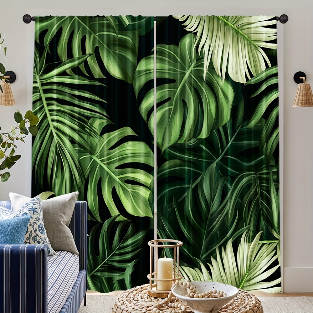 2 stck, tropische bltter vorhang, dschungel natur thema dunkelgrner  palmenblatt monstera pflanzenvorhang, polyesterstoff fr heimdekoration -  haushalt & kche - Temu