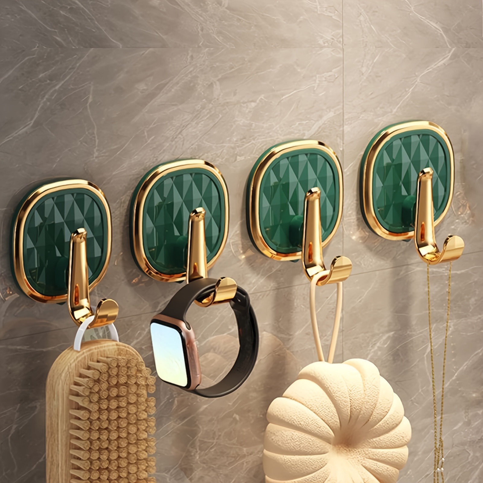 Image of Set Of 4 Stylish Textured Adhesive Hooks - , No Drilling Required Wall-mounted Holders For Garments, Towels, And Robes - Contemporary Bathroom Decor Items For Home